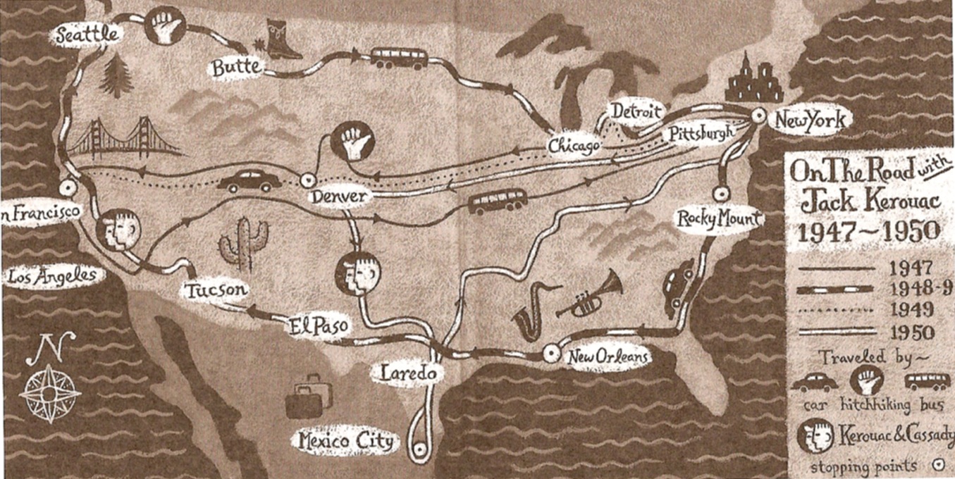 Jack Kerouac mappa viaggio on the road sulla strada USA Messico